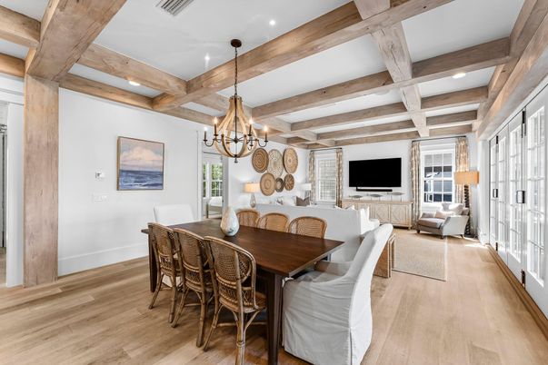 Chandelier, Dining room, Interior, Living room, Recessed Lighting, Wooden Beams, Wood Texture Flooring