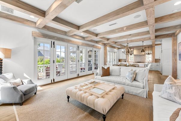 Interior, Kitchen, Living room, Pendant Lights, Recessed Lighting, Wooden Beams, Wood Texture Flooring