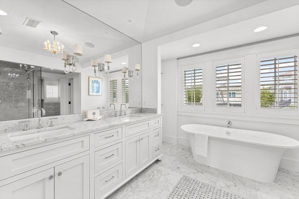 Bathroom, Dual Sink Vanities, Free Standing Baths, Glass Shower, Interior, Marble, Recessed Lighting