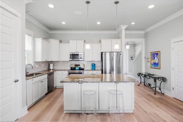 Interior, Kitchen, Pendant Lights, Recessed Lighting, Stainless Steel Appliances, Wood Texture Flooring