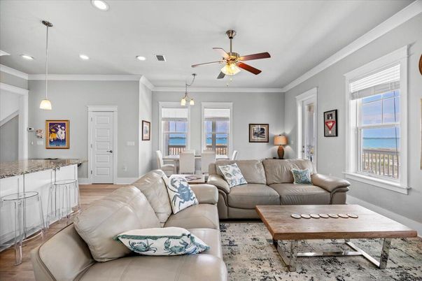 Dining room, Interior, Living room, Pendant Lights, Recessed Lighting, Water, Wood Texture Flooring