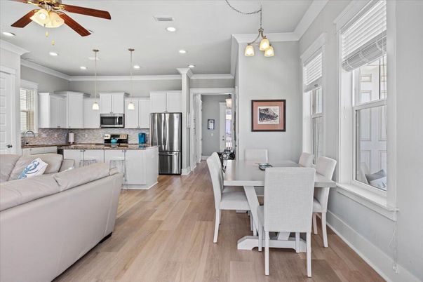 Dining room, Interior, Kitchen, Living room, Pendant Lights, Recessed Lighting, Stainless Steel Appliances, Wood Texture Flooring
