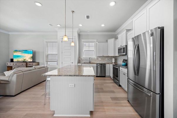 Interior, Kitchen, Living room, Pendant Lights, Recessed Lighting, Stainless Steel Appliances, Wood Texture Flooring