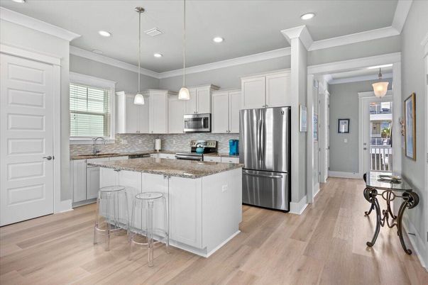 Interior, Kitchen, Pendant Lights, Recessed Lighting, Stainless Steel Appliances, Wood Texture Flooring