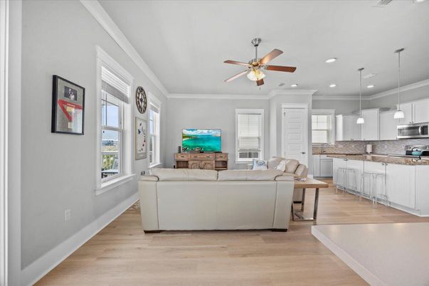 Interior, Kitchen, Living room, Pendant Lights, Recessed Lighting, Wood Texture Flooring