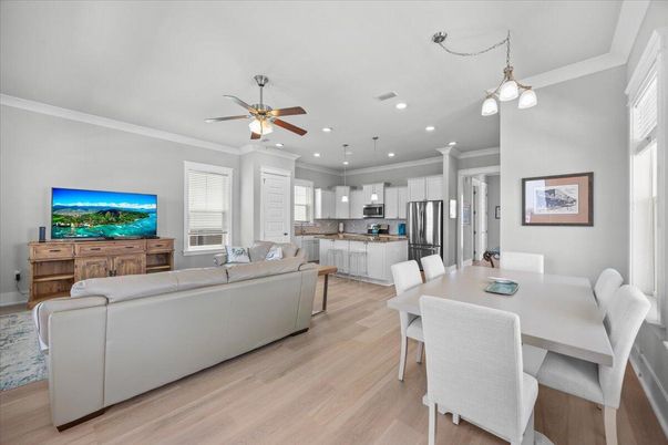 Dining room, Interior, Kitchen, Living room, Pendant Lights, Recessed Lighting, Stainless Steel Appliances, Wood Texture Flooring