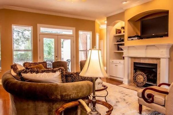 Fireplace, Interior, Living room, Recessed Lighting, Wood Texture Flooring