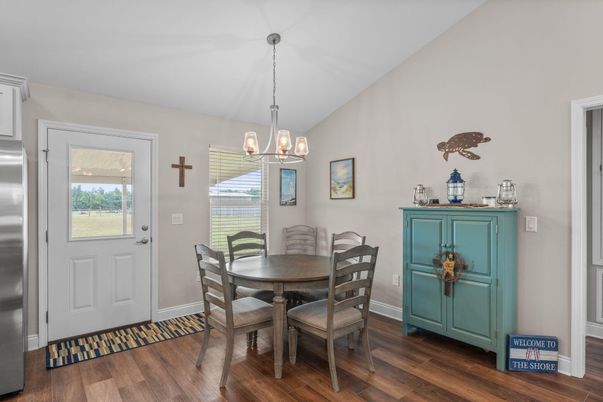 Dining room, Interior, Pendant Lights, Wood Texture Flooring
