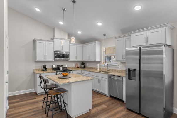 Interior, Kitchen, Pendant Lights, Recessed Lighting, Stainless Steel Appliances, Wood Texture Flooring