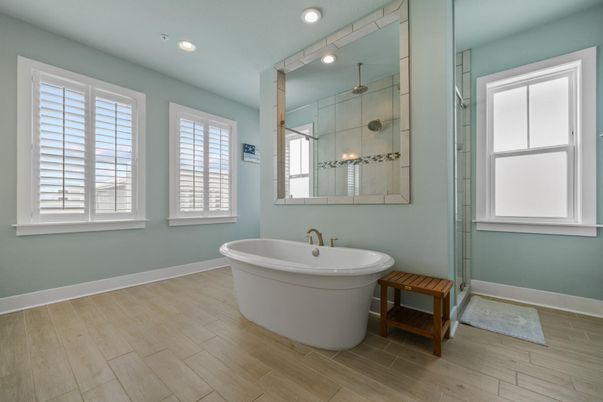 Bathroom, Free Standing Baths, Glass Shower, Interior, Recessed Lighting, Wood Texture Flooring