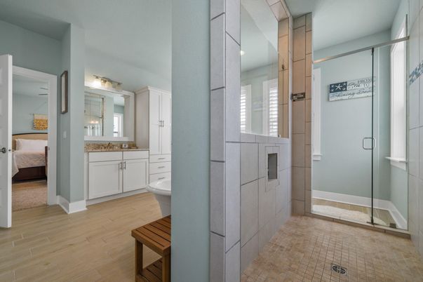 Bathroom, Bedroom, Glass Shower, Interior, Wood Texture Flooring