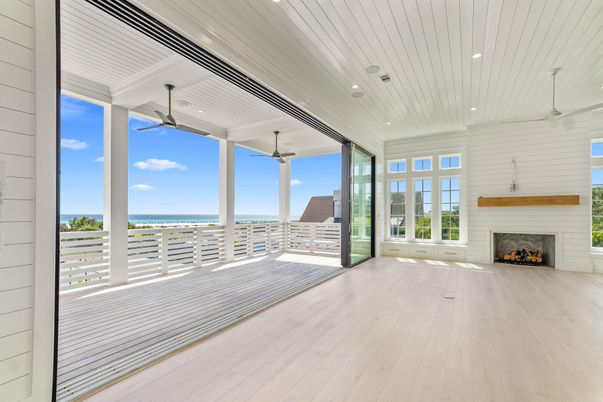 Empty room, Fireplace, Interior, Recessed Lighting, Water, Wood Texture Flooring