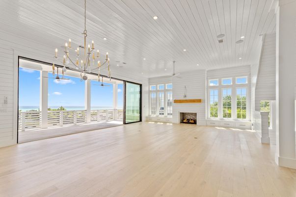 Empty room, Fireplace, Interior, Pendant Lights, Recessed Lighting, Wood Texture Flooring
