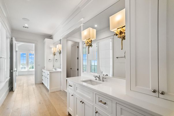 Bathroom, Dual Sink Vanities, Interior, Recessed Lighting, Wood Texture Flooring