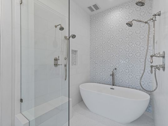 Bathroom, Free Standing Baths, Glass Shower, Interior, Recessed Lighting