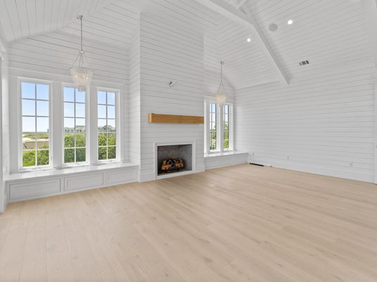 Empty room, Fireplace, Interior, Pendant Lights, Recessed Lighting, Wood Texture Flooring