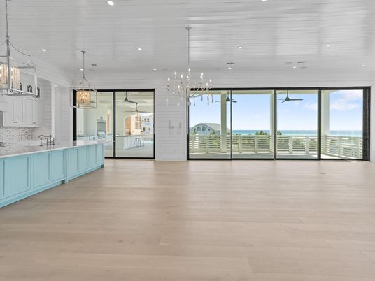 Empty room, Interior, Kitchen, Pendant Lights, Recessed Lighting, Water, Wood Texture Flooring