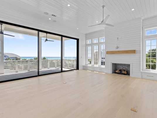 Empty room, Fireplace, Interior, Recessed Lighting, Water, Wood Texture Flooring