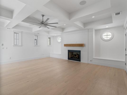 Empty room, Fireplace, Interior, Recessed Lighting, Wood Texture Flooring