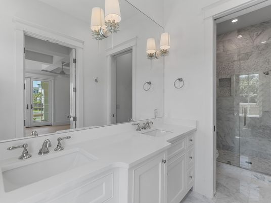 Bathroom, Dual Sink Vanities, Glass Shower, Interior, Marble, Marble Walls, Recessed Lighting