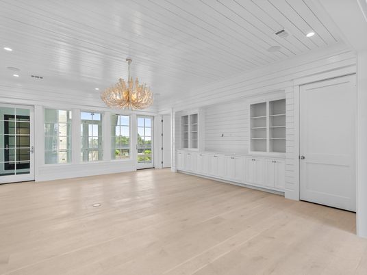 Chandelier, Empty room, Interior, Recessed Lighting, Wood Texture Flooring