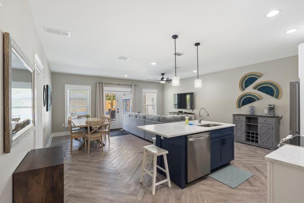 Dining room, Interior, Kitchen, Living room, Pendant Lights, Recessed Lighting, Wood Texture Flooring