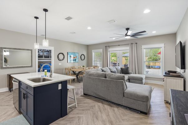 Dining room, Interior, Kitchen, Living room, Pendant Lights, Recessed Lighting, Wood Texture Flooring