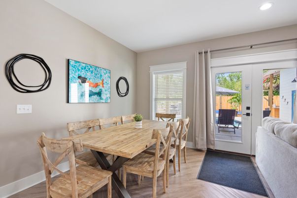 Dining room, Interior, Recessed Lighting, Wood Texture Flooring