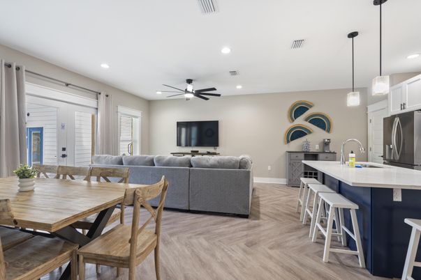 Dining room, Interior, Kitchen, Living room, Pendant Lights, Recessed Lighting, Stainless Steel Appliances, Wood Texture Flooring