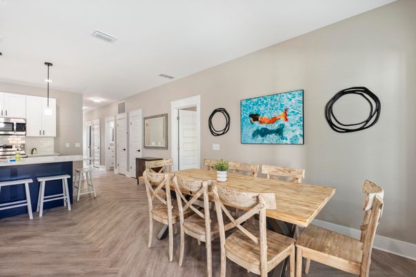 Dining room, Interior, Kitchen, Pendant Lights, Recessed Lighting, Wood Texture Flooring