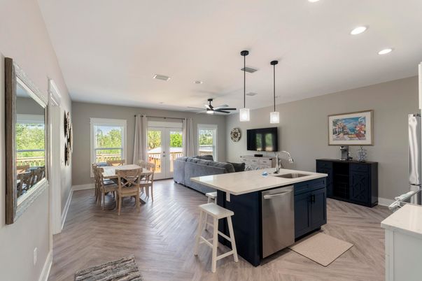 Dining room, Interior, Kitchen, Living room, Pendant Lights, Recessed Lighting, Wood Texture Flooring