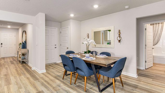 Dining room, Interior, Recessed Lighting, Wood Texture Flooring