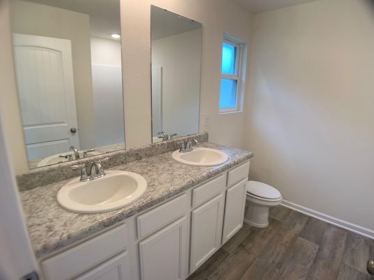 Bathroom, Dual Sink Vanities, Interior, Recessed Lighting, Wood Texture Flooring