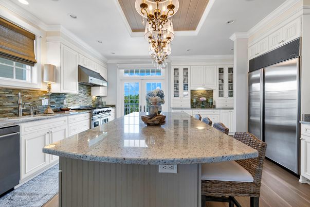 Chandelier, Interior, Kitchen, Recessed Lighting, Stainless Steel Appliances, Wood Texture Flooring
