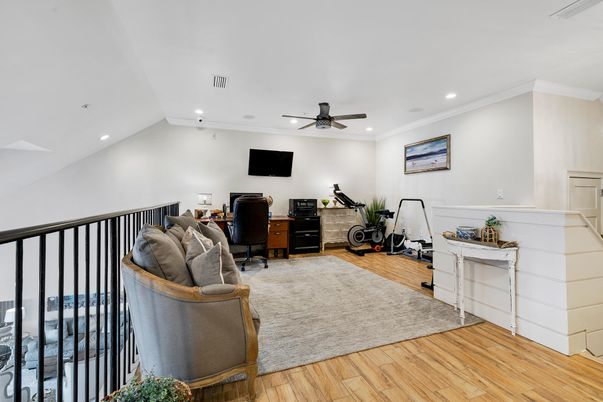 Fitness Equipment, Home Office, Interior, Recessed Lighting, Wood Texture Flooring