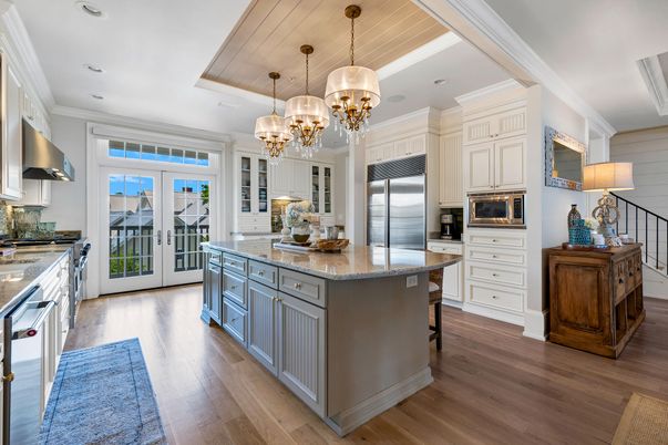 Chandelier, Interior, Kitchen, Pendant Lights, Recessed Lighting, Stainless Steel Appliances, Wood Texture Flooring
