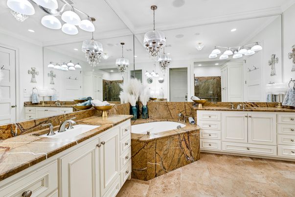 Bathroom, Dual Sink Vanities, Interior, Pendant Lights, Recessed Lighting