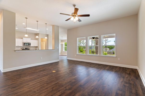Empty room, Interior, Kitchen, Pendant Lights, Recessed Lighting, Stainless Steel Appliances, Wood Texture Flooring