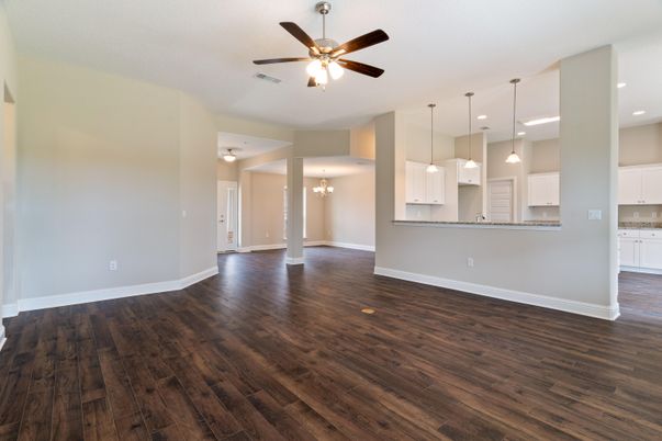Empty room, Interior, Kitchen, Pendant Lights, Recessed Lighting, Wood Texture Flooring