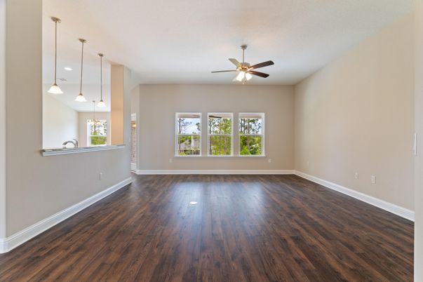 Empty room, Interior, Pendant Lights, Recessed Lighting, Wood Texture Flooring