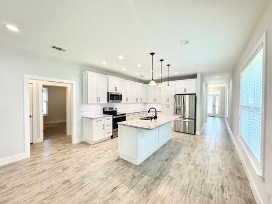Interior, Kitchen, Pendant Lights, Recessed Lighting, Stainless Steel Appliances, Wood Texture Flooring