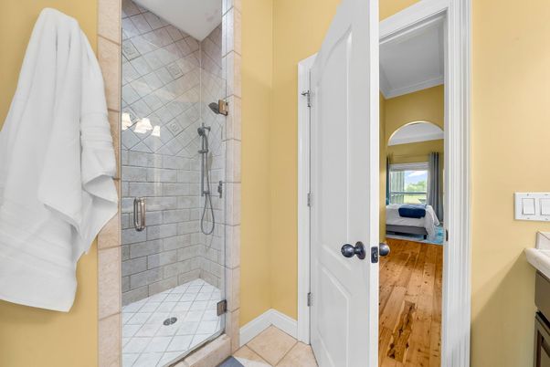 Bathroom, Glass Shower, Interior, Wood Texture Flooring
