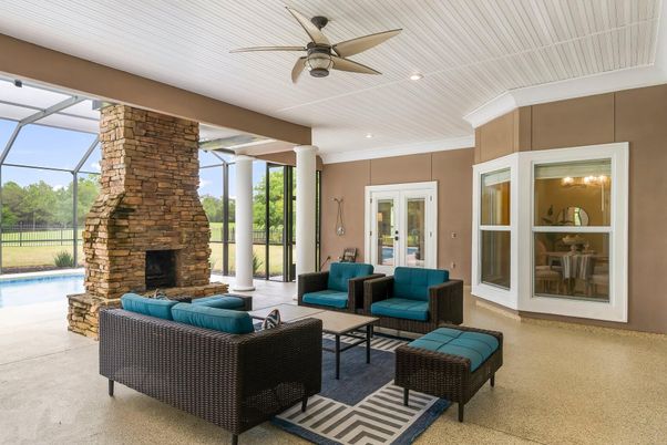 Fireplace, Glass Ceilings, Interior, Living room, Pool, Recessed Lighting, Sun Room