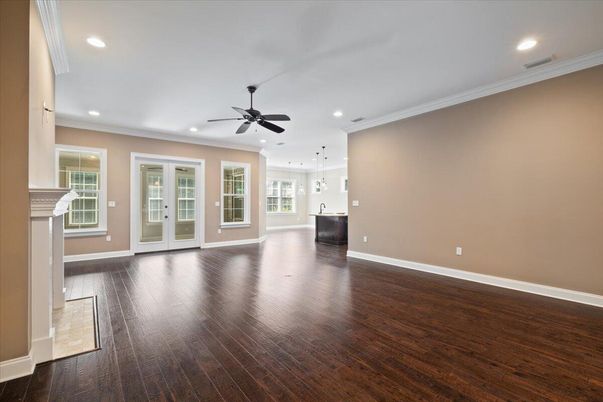Empty room, Fireplace, Interior, Pendant Lights, Recessed Lighting, Wood Texture Flooring