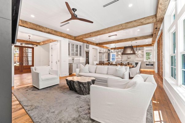 Dining room, Interior, Kitchen, Living room, Pendant Lights, Recessed Lighting, Wooden Beams, Wood Texture Flooring