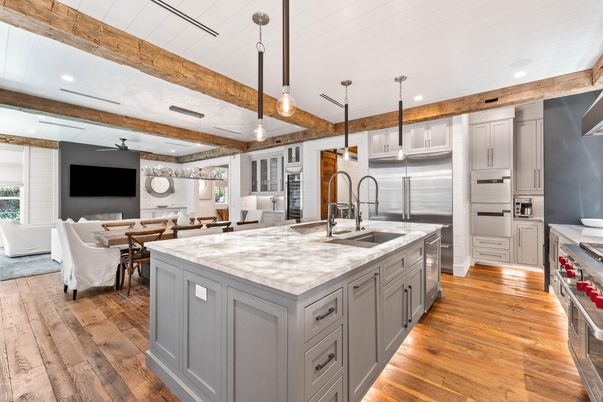 Dining room, Interior, Kitchen, Living room, Pendant Lights, Recessed Lighting, Stainless Steel Appliances, Wooden Beams, Wood Texture Flooring