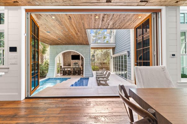 Dining room, Fireplace, Interior, Pool, Recessed Lighting, Wooden Ceilings, Wood Texture Flooring