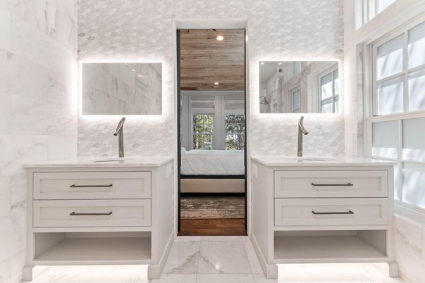 Bathroom, Bedroom, Dual Sink Vanities, Interior, Marble, Recessed Lighting