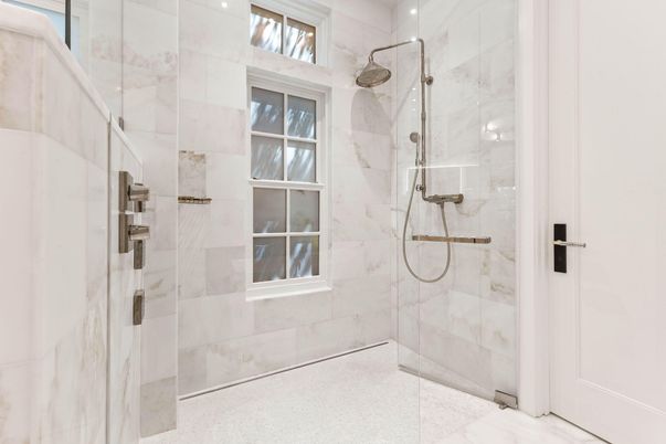 Bathroom, Glass Shower, Interior, Marble Walls, Recessed Lighting