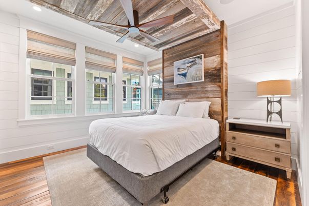 Bedroom, Interior, Recessed Lighting, Wood Texture Flooring, Wooden Walls